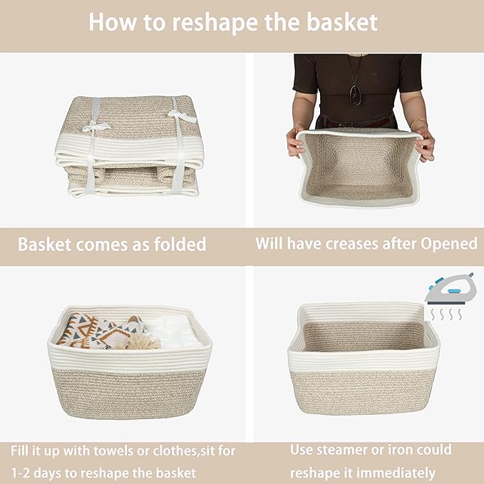 XUANGUO Woven Cotton Rope Storage Baskets 15x10x9.3" 3 Pack White and Brown | Decorative rectangular storage baskets for shelves and closets; storage bins organize clothes, toys, books and nursery items.