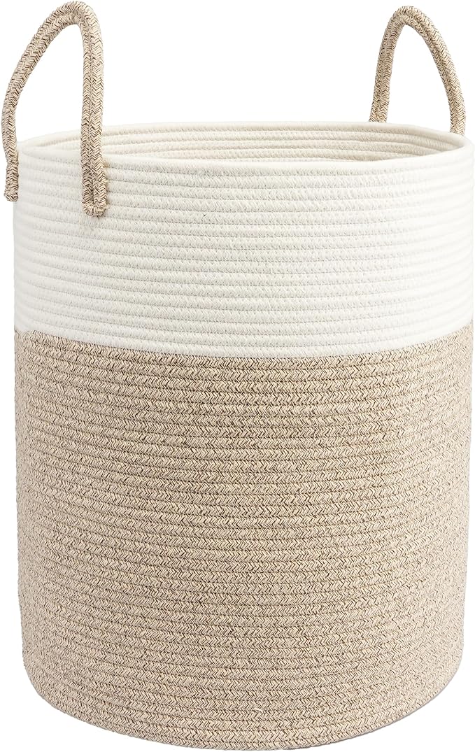 Woven Cotton Rope Laundry Basket, 15x20 Laundry Hamper, White/Brown | Rope storage basket for dirty clothes, toys and blankets. Perfect for bathroom, baby nursery and living room storage.