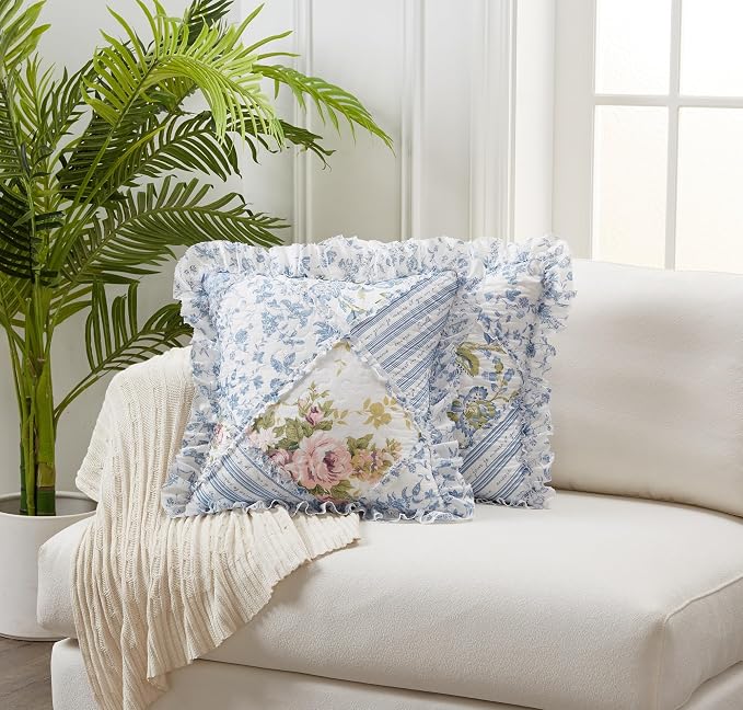 Brilliant Sunshine Blue Roses Ruffle Pillowshams Set, 18"x18" | Patchwork Design with Ruffles, Quilted Pillow Covers, Washable Throw Cushion Cases for Couchs and Beds, Pack of 2