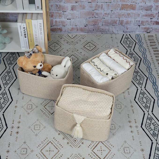 XUANGUO Woven Cotton Rope Storage Baskets 15x10x9.3" 3 Pack Oatmeal | Decorative rectangular storage baskets for shelves and closets; storage bins organize clothes, toys, books and nursery items