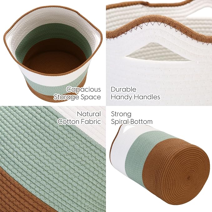 Sea Team Large Woven Cotton Rope Laundry Basket with Handles, 20 x 14 in | Collapsible Knitted Hamper, Closet Shelf Organizers, Containers for Clothing, Blankets, Toys, Bedding, Green & Brown