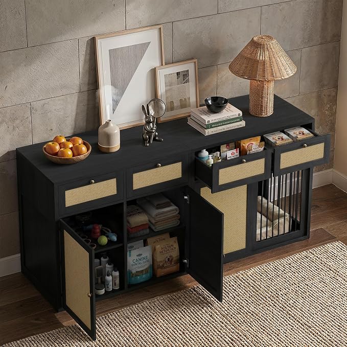 PureCozy 2-Piece Dog Crate Furniture, Right, 80 Inch, Black Oak | Right-unit kennel with metal sliding door plus cane storage cabinet and 4 total drawers; furniture-style indoor console.
