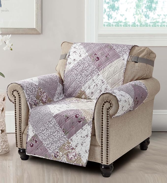 Brilliant Sunshine Lilac & Beige Roses Couch Armchair Cover, 23" seat | Quilted Sofa Cover, Living Room & Bedroom Furniture Protector, Washable Chair Slipcover for Pets, Dogs & Cats