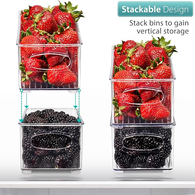 Sorbus Fridge Organizers and Storage, Clear Stackable Bins (Small, 4 Pack) | Built-in grips support easy access and transport; plastic containers organize food in freezers, drawers and countertops.