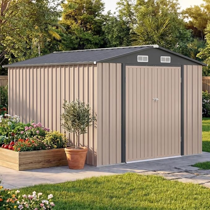 Devoko 8x12 FT Outdoor Storage Shed, Metal Tool Shed with Lockable Door&Slooping Roof, Outside Large Utility Storage for Garden Backyard Patio(Brown)
