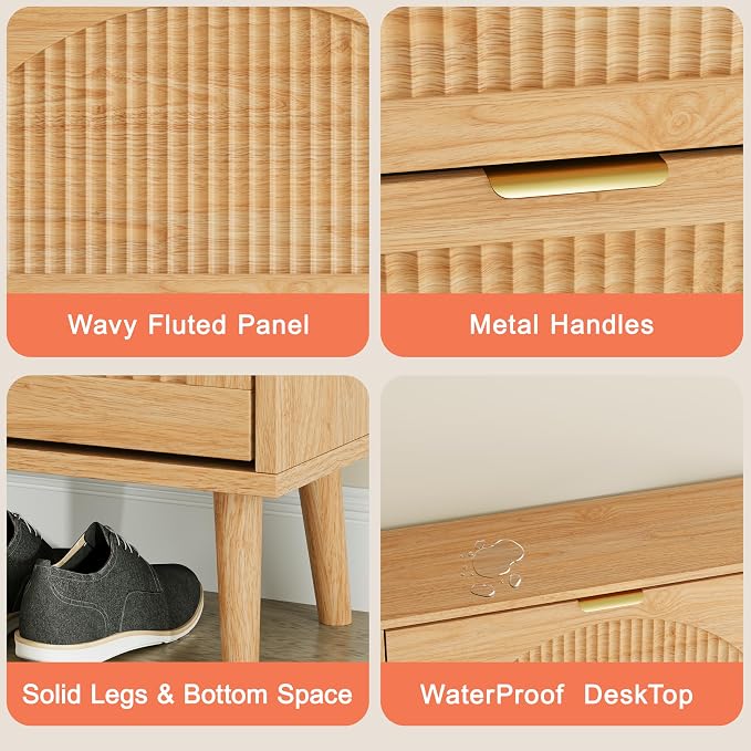 Shoe Storage Cabinet with 2 Flip Drawers, Narrow Wood Shoe Organizer Cabinet with Fluted Panel, Slim Shoe Rack for Entryway, Freestanding Shoe Cabinet for Living Room, Hallway, Wood Color