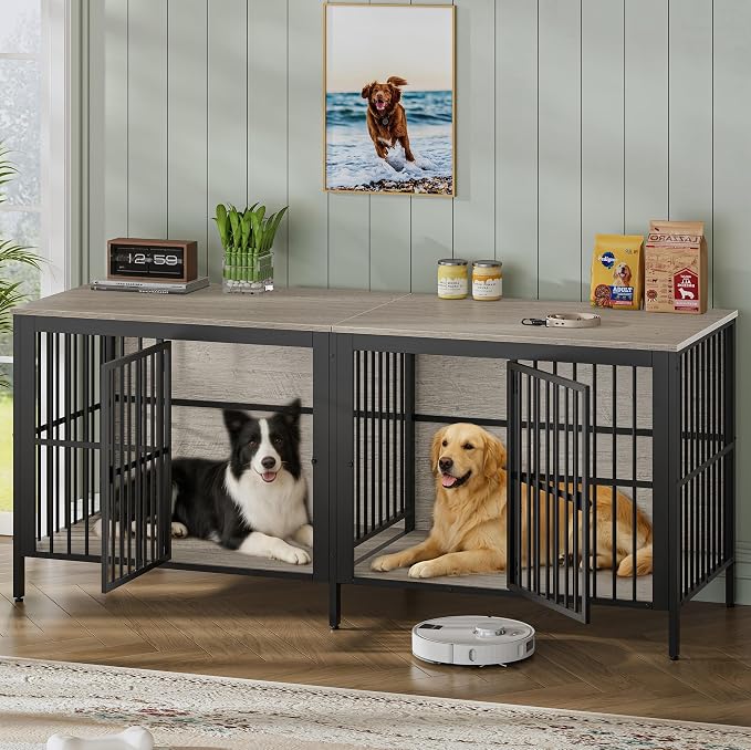 80'' Double Dog Crate Furniture for 2 Dogs, Large Dog Kennel Furniture Indoor as TV Stand, Wooden Dogs Cage Heavy Duty Kennel End Side Table for Living Room, Large & Medium Dogs, Grey