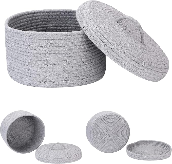 Sea Team Round Storage Basket, Woven Cotton Rope Basket with Lid, Gray | Decorative Knitted Storage Bin, Multi-Purpose Lidded Organizer for Closet Shelves, Nursery and Household Storage