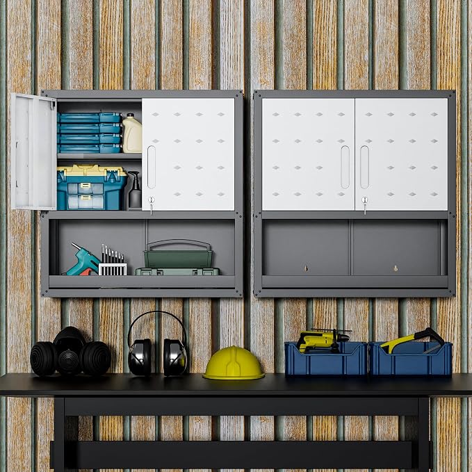 Garage Wall Cabinet,29.5" W Wall Mounted Garage Cabinets with Adjustable Shelf,Heavy Duty Lockable Metal Cabinet,Secure Hanging Tool Cabinet for Basement,Laundry Room,Workshop,Black/Grey