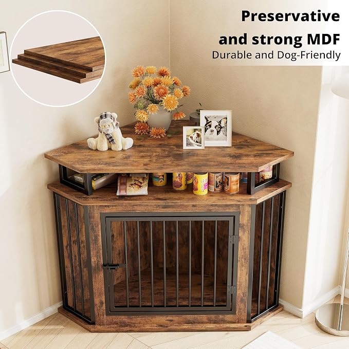 IRONCK 43.3" Corner Dog Crate Furniture with 2-Tier Shelves Rustic Brown | 10mm thickened iron frame. 180 lb tabletop. 23.6"L x 43.3"W x 32"H. Space-Saving Indoor crate for small dogs