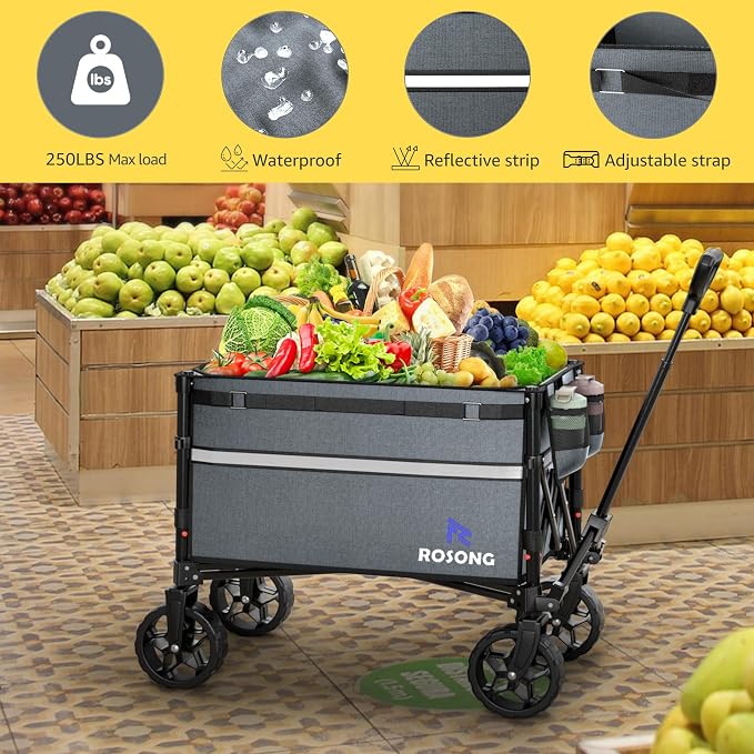 ROSONG Collapsible Wagon Cart with Wheels Foldable - Folding Utility Heavy Duty Wagons Carts for Grocery Sports Garden Shopping Camping Grey