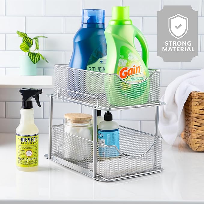 Sorbus Pull-Out Under Sink Organizer, Mesh Construction (Silver, 2 Pack) | Two-tier metal organization with strong steel and sliding drawers for bathrooms, kitchens, cabinets, closets and pantries.