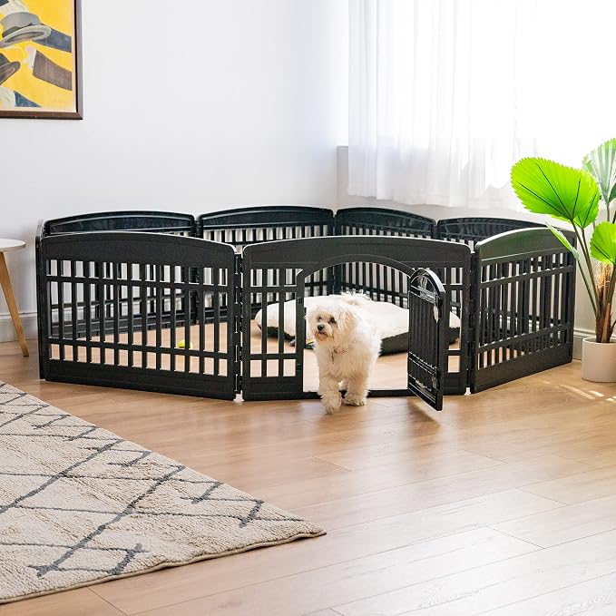 IRIS USA 8-Panel Dog Playpen with Door, Pet Enclosure, Black | Heavy Duty Plastic, Multiple Pets, Indoor Outdoor, Portable, Large Play Area, Easy Assembly