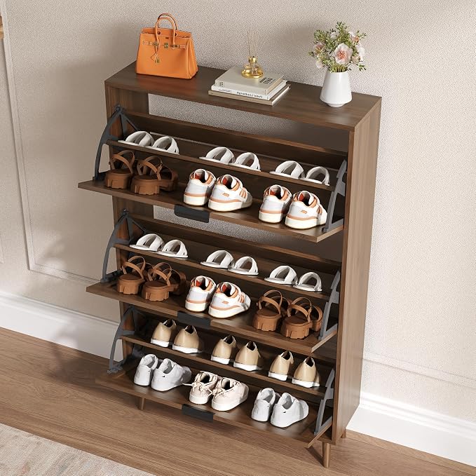 BORNOON Shoe Cabinet for Entryway with 3 Flip Drawers, Slim Wooden Shoe Storage Organizer with Modern Fluted Pannel，Freestanding Narrow Hidden Shoe Rack for Hallway, Foyer, Living Room