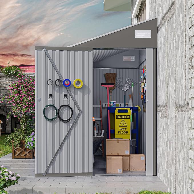 4x8FT Metal Storage Shed, Sloping Roof, Single Hinge Door,Dark Gray | Outdoor Tool Shed | Ventilation Windows | Waterproof | Protective Film | for Patio, Lawn and Utility Equipment