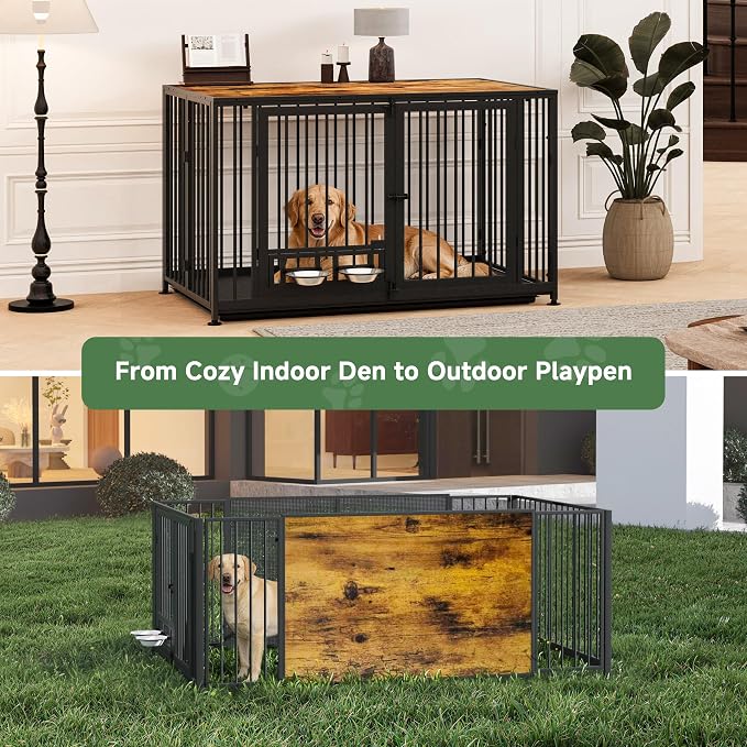 43.3" Heavy Duty Large Dog Crate with Wheels & Feeding Bowls, 3 in 1 Foldable Extra Large Dog Kennel & Playpen, Indestructible Escape Proof Metal Dog Cage for Large Dogs, Indoor Outdoor, Rustic Brown