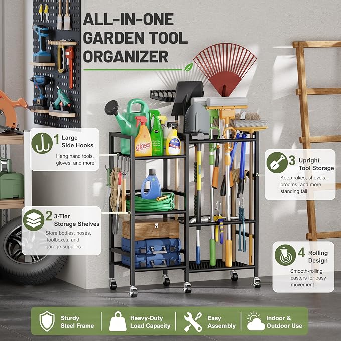 keomaisyto Garden Tool Organizer with 6 Industrial Wheels & Large Hooks | Rolling Yard Tool Storage Rack with 35 Slots, Heavy Duty Garden Tool Holder with Shelves for Garage, Shed, Outdoor Lawn