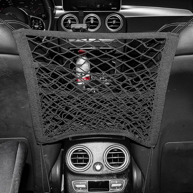 15.7×13.7" Mesh Car Organizer (3 Layers) | Between-Seat Storage Net with Pet Barrier, Holds Tissue, Purse & More – Fits SUV/Truck/Van