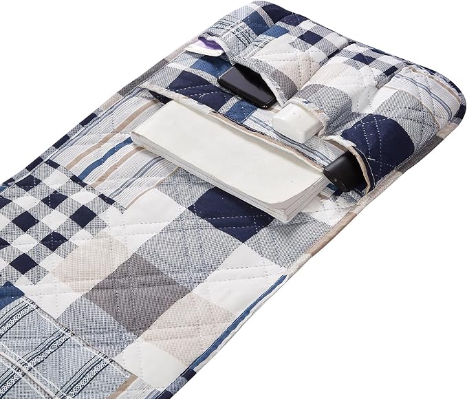 Brilliant Sunshine Blue Plaids & Stripes Couch Armrest Cover, 35"×13" | Washable Magazine Holder, Armrest Organizer & Caddy on Sofa, Recliner, Armchair, Storage for Remote Controls, Phone, iPad