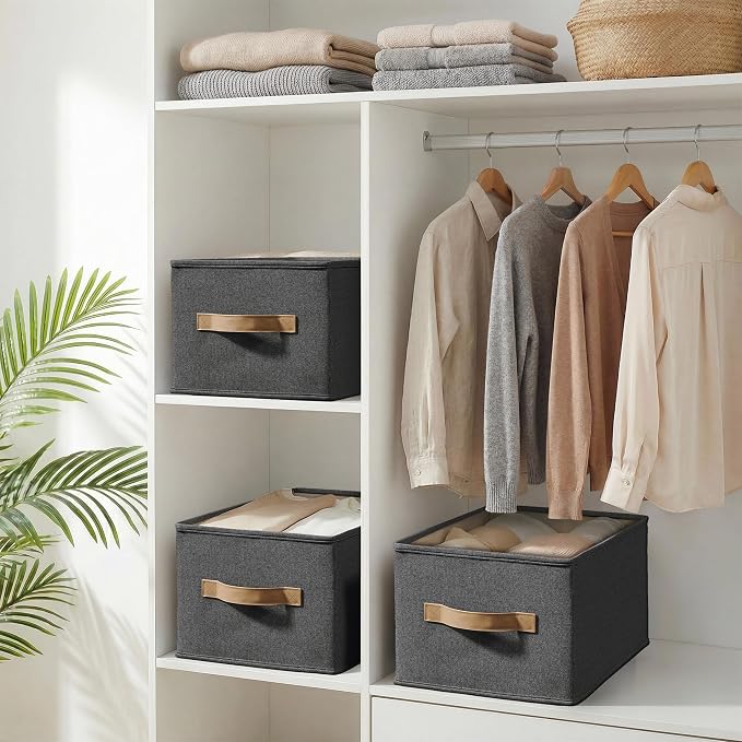 3-Pack Closet Storage Bins, Foldable Fabric Storage Baskets, Black | Thickened Rigid PP Panels, Cotton-linen Shelf Baskets, Measure 14.75"L x 10.25"W x 8.25"H for Clothes, Closets and Drawers