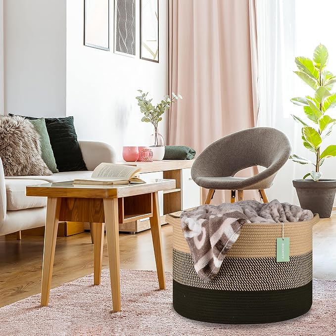 Large Cotton Rope Blanket Basket, 87L Laundry Hamper, Brown & Black