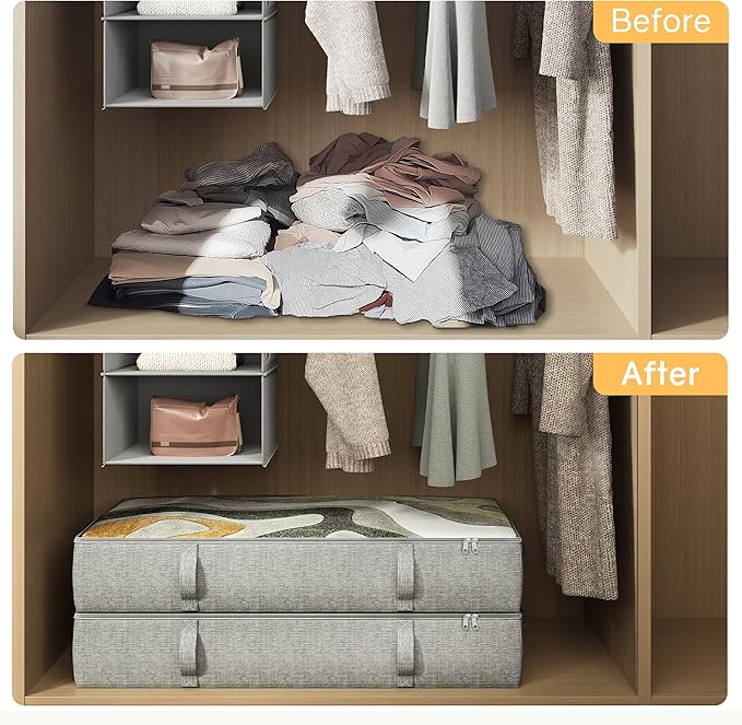 2-Pack Under Bed Storage Containers, 8 Inches Tall Clothes Storage, Gray | Large Capacity Collapsible Underbed Organizer with Sturdy Sidewalls/Bottom, Cotton Linen Bins, For Seasonal Clothes & Bedding