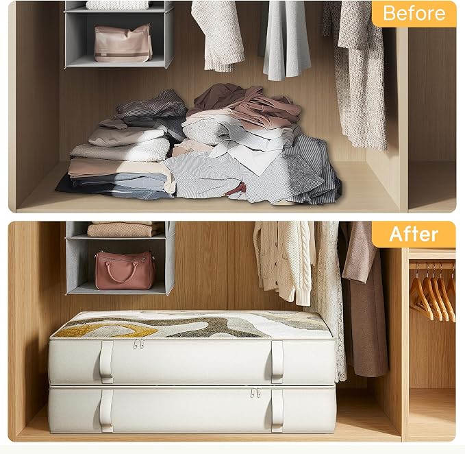 2-Pack Under Bed Storage Containers, 8 Inches Tall Clothes Storage, Beige | Large Capacity Collapsible Underbed Organizer with Sturdy Sidewalls/Bottom, Cotton Linen Bins, For Seasonal Clothes & Bedding