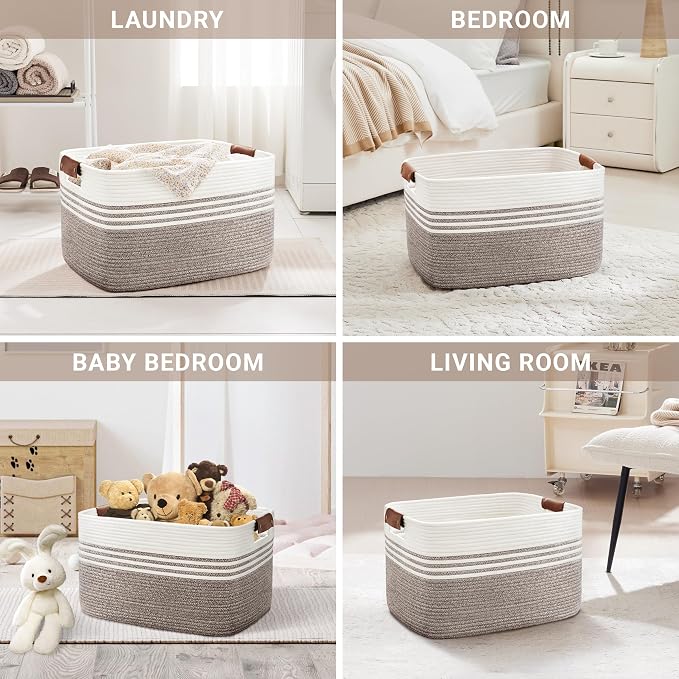 72L Woven Laundry Basket Hamper with Leather Handles,Dark Brown | collapsible wicker hamper, storage for dirty clothes, toys, blankets, gifts, living room, bedroom, bathroom, 22"x17"x12"