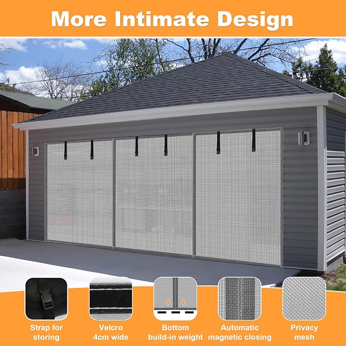 LIAMST Privacy Garage Door Screen Blackout for 2 Car Garage-16X9FT Privacy Silver Grey Heavy Duty Magnetic Garage Screen, Hands Free, Magnetic Privacy Garage Screen Door