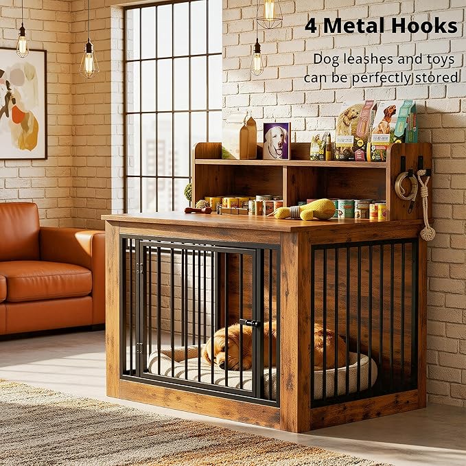 IRONCK 43.3" Extra Large Dog Crate Furniture with Storage Shelf | 10mm iron rods. Storage shelf and 4 hooks. 200 lb tabletop. 30"L x 43.3"W x 41.1"H indoor large crate