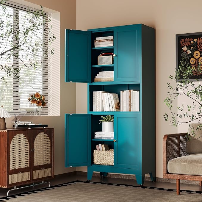 69"H Blue Storage Cabinets,Metal Cabinet with Doors and Shelves,Tall ,Bathroom Storage Cabinet,Large Cabinets with Glass Doors and Adjustable Shelves,Cabinet for Bathroom, Living Room, Dining Room