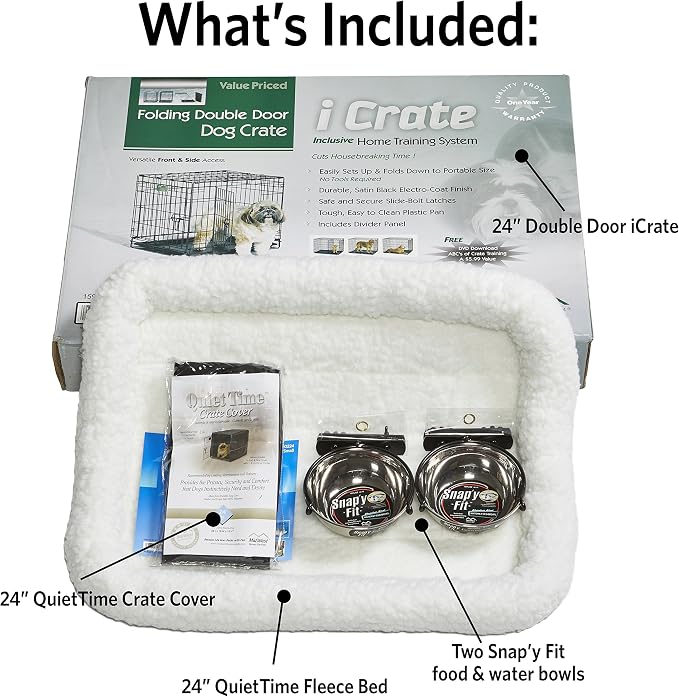 MidWest Homes for Pets Double Door iCrate Starter Kit, 24-inch Dog Crate Bundle for Small Breeds, Includes Cage, Pet Bed, 2 Bowls and Privacy Cover
