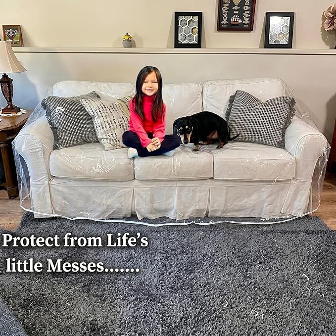 Evelots Clear Vinyl Couch Cover, Waterproof 3-Seat Sofa Protector | Heavy-duty vinyl protects 3-seat sofas from pet claws, stains, dust and spills; ideal for everyday use, moving and storage.