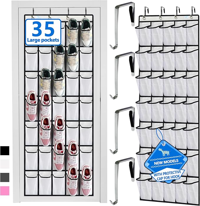 Over the Door Shoe Organizer, 2025 Upgrade 35 Large Pockets for Shoe Storage, Hanging Shoe Holder with Metal Hook, Clear Shoe Rack for Closet Bathroom Door Space Saving - White/Black