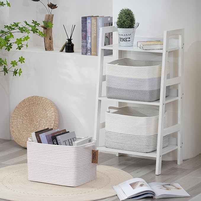 COMFY-HOMI Cotton Rope Woven Basket with Handles for Shelves,Toys,Book, Cloth Storage Baskets Bin for Organizing- 1 PCSToy Decorative Organizer for Living Room, Bathroom
