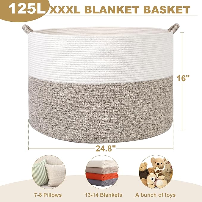 XXXXL 125L Extra Large Blanket Basket, 24.8" x 16" Jumbo Woven Basket (Includes 2 Cute Baskets), Cotton Rope Basket with Handle for Living Room, Baby Toys Nursery, Laundry (White/Gradient Brown)