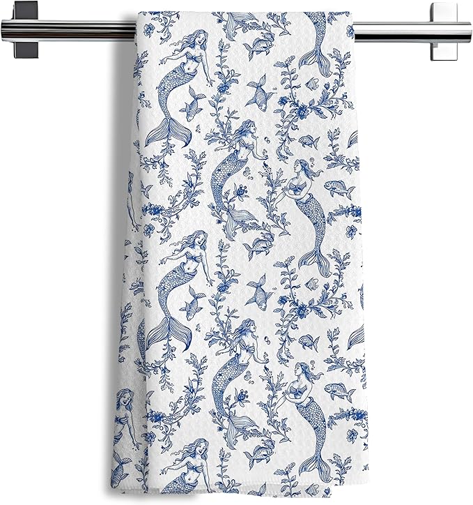 Nipi Chinoiserie Mermaid Kitchen Towels, Blue and White Botanical Grandmillennial Mermaid Decorative Hand Towels for Bathroom Decor，16x24 Inch