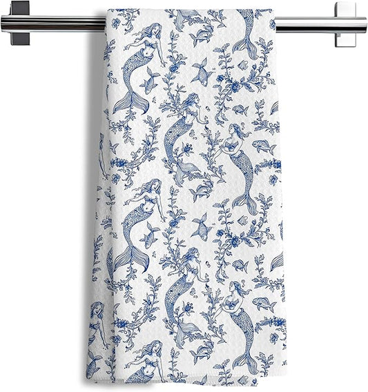Nipi Chinoiserie Mermaid Kitchen Towels, Blue and White Botanical Grandmillennial Mermaid Decorative Hand Towels for Bathroom Decor，16x24 Inch