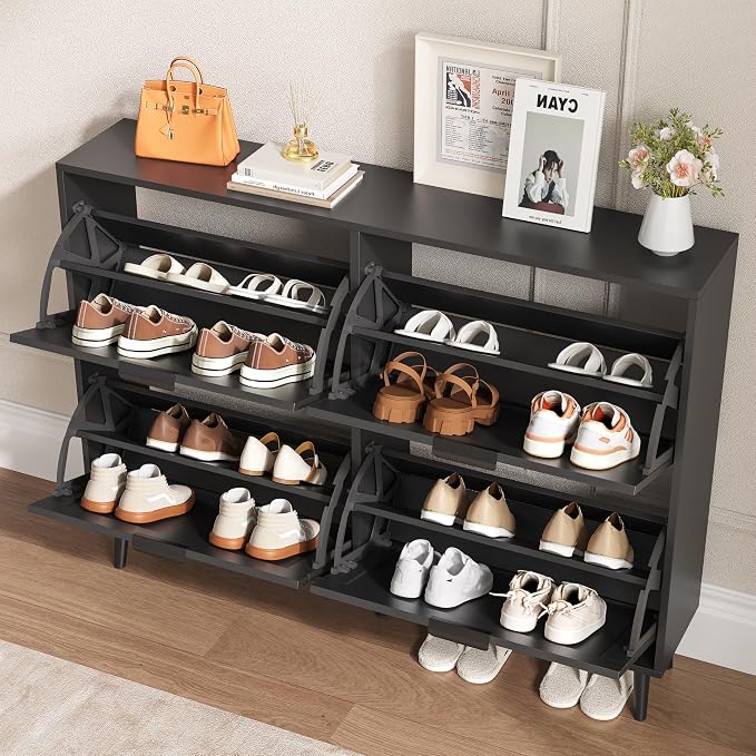 BORNOON Shoe Cabinet for Entryway with 4 Flip Drawers, Slim Wooden Shoe Storage Organizer with Modern Fluted Pannel，Freestanding Narrow Hidden Shoe Rack for Hallway, Foyer, Living Room