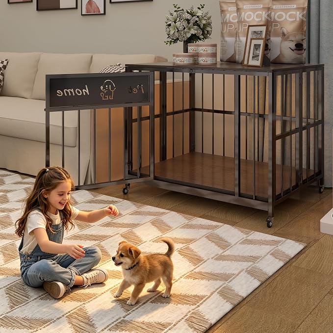 31.5" Foldable Dog Crate Furniture, Muyi Gray, Small Medium Dogs | Wooden Construction, RGB Ceiling Lights, Silent Casters, Multi-Purpose End Table TV Stand