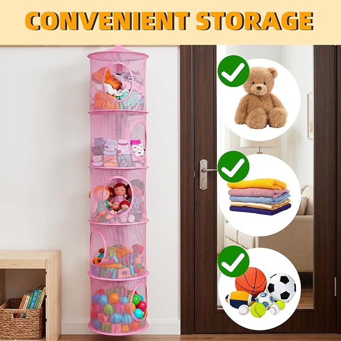 2Pcs Hanging Stuffed Animal Storage Hammock Net 5 Tiers, Pink | Hanging Mesh Storage Organizer for Kids Room, Holds Plushies, Gloves, Hats, Socks, Foldable Space-saving Design