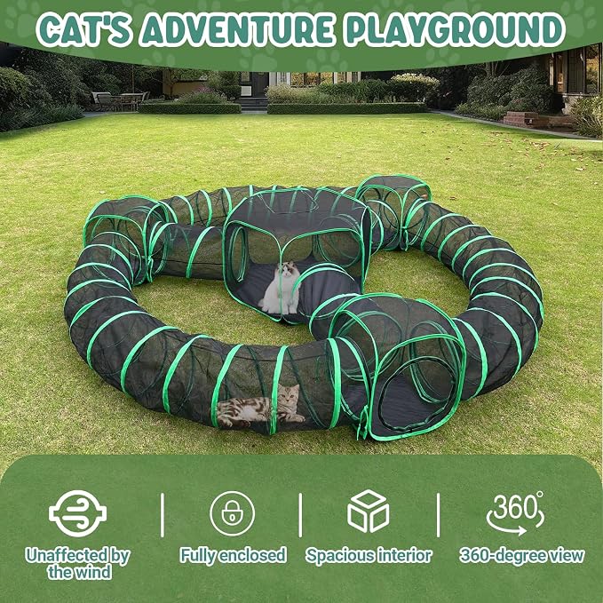 Pawtenda 10 in 1 Cat Tent &Enclosure Outdoor, Foldable Playpen with Tunnels | Portable Catio for Outside, Expandable & Pop-Up, Breathable Tear-resistant Mesh and sturdy frame, for Cats and Other Animals