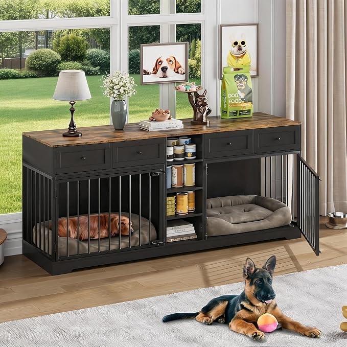 82" Large Double Dog Crate Furniture for 2 Dogs - Indoor Heavy Duty Wooden Kennel with 4 Storage Drawers, 4 Shelves, TV Stand Divider, Pet Bed Sofa for Large Breeds, Classic+Black