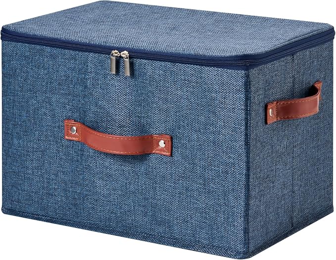 Storage Bin Box with Zippered Lid Decorative Collapsible Basket | Cotton Linen Fabric, Washable, Foldable, Stackable, Closet Shelf Organizer, with PU Leather Handles, Denim Blue-Large
