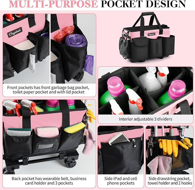 Chyaidach Rolling Cleaning Caddy, Cleaning Supplies Organizer with Trolley, Wearable Cleaning Tote Bag on Wheels with Hard Bottom, Cleaning Carts for Housekeepers/Home/Car/Office/Picnic (Pink)