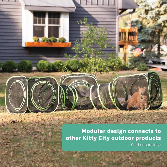 Kitty City Large Outdoor Cat Play Cube, Mesh Pop-Up Cat Enclosure for Indoor & Outdoor Use, Expandable Modular Cat Playpen with Zippered Access - Green
