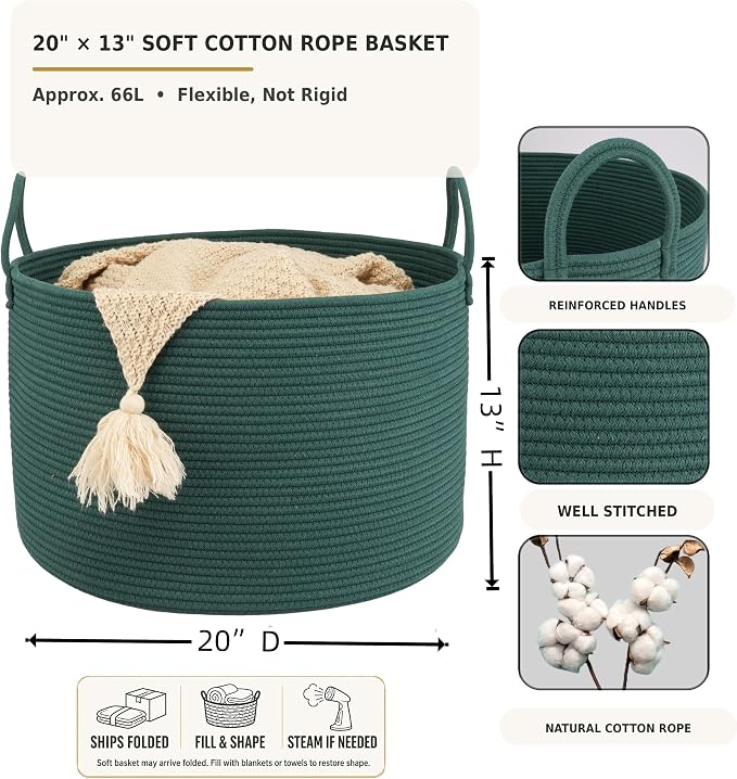 XUANGUO 66L Large Blanket Basket, Round Cotton Rope Basket, Dark Green | 20" x 13" Laundry Basket with Sturdy Handles for Blankets, Pillows and Toys; Storage for Living Room, Bedroom and Nursery