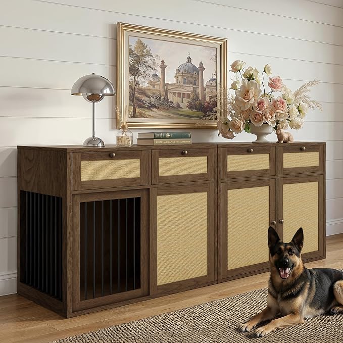 PureCozy 2-Piece Dog Crate Furniture, Left, 80 Inch, Dark Oak | Left-unit kennel with metal sliding door plus cane storage cabinet and 4 total drawers; furniture-style indoor console.