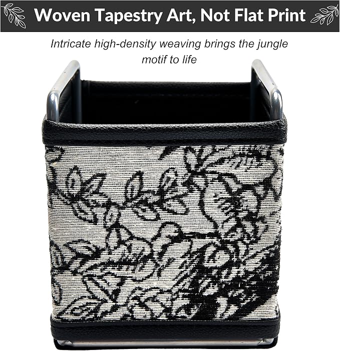 Leather Remote Control Holder - TV Remote Organizer Bedside Tapestry Caddy | No-assembly sturdy remote organizer in textured tapestry jacquard & leather. Randomly cut jungle pattern (no two are alike).