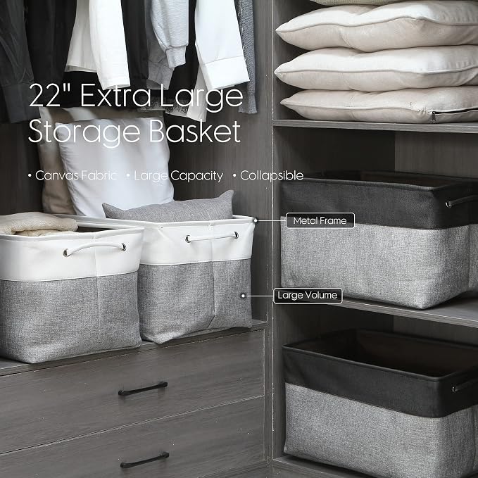 Sea Team Oversized Rectangle Canvas Open-Top Storage Baskets, 3-Pack | Collapsible Fabric Storage Bins with Handles, Closet Shelf Organizers, 22 x 15 x 13 Inches, Gray & White